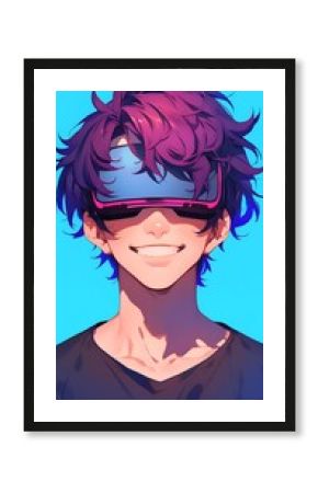 Anime guy playing games wearing VR digital matrix flowing out