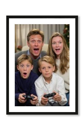 Family of four enjoying videogames together, sitting on living room sofa near decorated christmas tree during holiday celebration