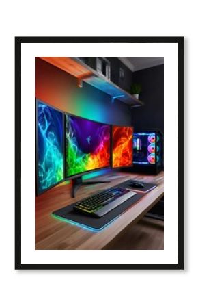 Modern rgb gaming setup illuminating room with colorful lights