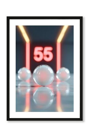 Glass spheres reflecting number fifty-five in lottery studio
