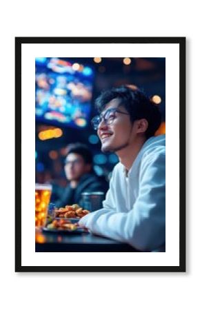 Asian men having a video game night, snacks, drinks, colorful screen, fun environment.