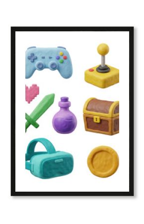 Clay Game Icons: Controller, VR Headset, Sword, and Treasure Chest