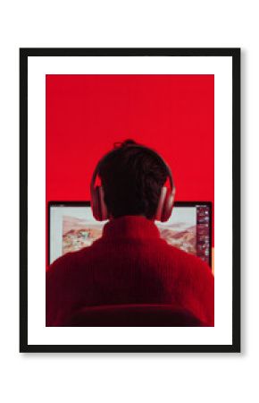 a person wearing noise-cancelling headphones - intensely focused on playing a strategy game on their computer. vertical - red background