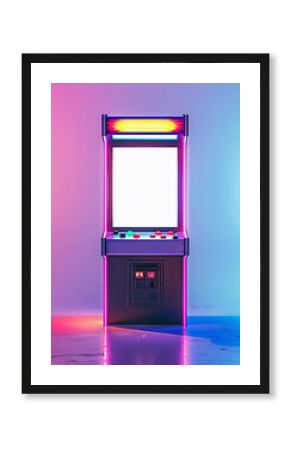Glowing retro arcade gaming machine neon cyberpunk blank white empty screen mockup template 80s 90s vintage video game futuristic glow isolated ombre background