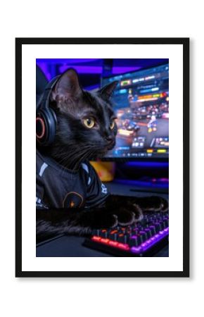 Black cat wearing gaming headset and jersey sitting at keyboard in dark room lit by colorful neon lights showing action on computer screen depicting gaming setup