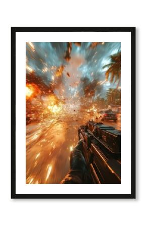  First-person perspective of an intense action scene, with explosions and chaos surrounding the player, capturing the adrenaline of a video game.