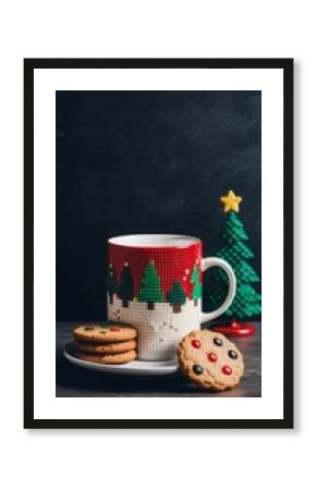 Christmas background image with retro game vintage videogame graphics of Christmas hot drink cup and other holiday themed decorations