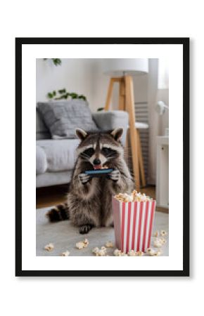 A raccoon in a tiny living room playing a video game while eating popcorn Photography copyspace Bright daylight sharp focus clean minimal aesthetic