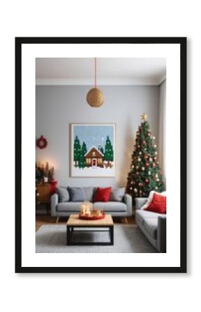 Christmas background image with retro game vintage videogame graphics of a living room furnished with Christmas decorations and Christmas tree