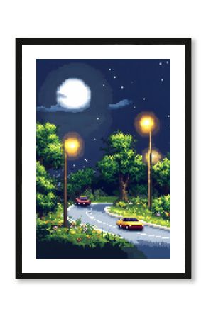 Cars travel a winding road at night with streetlights, under a bright moon, for video game or digital art use.
