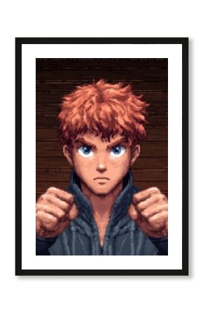 Determined Young Man with Red Hair Pixel Art Portrait Clenched Fists Serious Expression