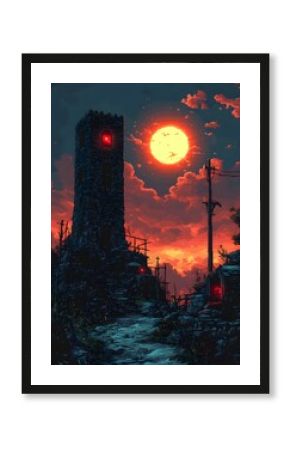 Dramatic Pixel Art Depiction of a Ruined Fantastical City at Dusk