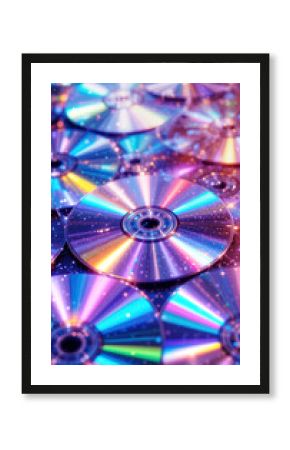 CD disks background, holographic and sparkling lights for banner. Vertical. Old school concept