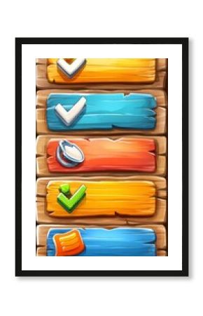 Colorful Wooden UI Game Assets Checkmarks, Scroll, and Blank Banners