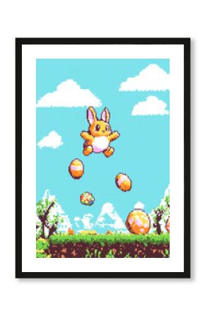 A pixel-art style Easter Bunny in an 8-bit video game world, hopping over pixelated Easter eggs while avoiding obstacles.