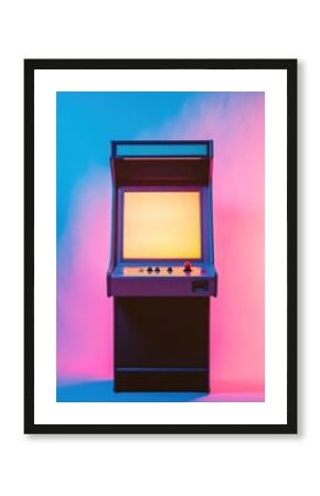 Neon-lit empty arcade machine against blue and pink gradient