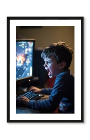 A child in mid-rant, raging furious in front of a computer after losing a game.