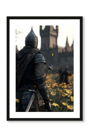 Medieval Knight in Dark Armor Stands in Yellow Flower Field Before Castle
