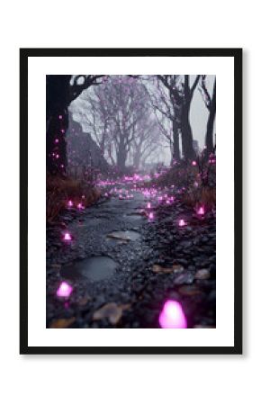 Enchanted Forest Path with Glowing Purple Lights