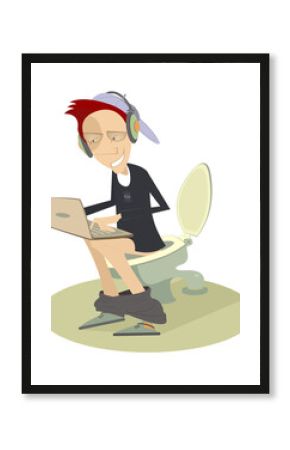 Smiling young man working or playing on computer sitting on the toilet bowl illustration. Man takes off the pants sitting in the toilet and working or playing games on computer