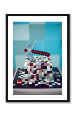 Close up view square cake made of pixels and pickaxe on top, birthday 5 years old baby boy