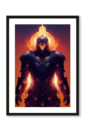 chevalier en armure sombre sur fond en feu