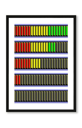 A set of isolated stamina bars from a retro vintage video game (8 bit pixel style), with varying energy levels, from full to empty. 