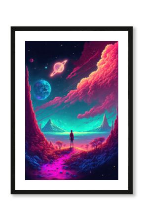 Futuristic, neon, cyber landscape of purple and pink colors. Moon, clouds and planets in the sky. Science fiction concept like from a computer game. Illustration, Generative AI.
