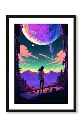 Futuristic, neon, cyber landscape of purple and pink colors. Moon, clouds and planets in the sky. Science fiction concept like from a computer game. Illustration, Generative AI.