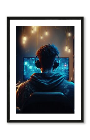 Man playing video games in a futuristic interior. Back view of a gamer sitting in front of a monitor. Colorful blue and orange lights. Generative ai