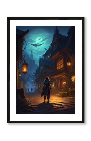 a person standing in the middle of a town at night, village, fantasy town, game, fantasy art illustration 