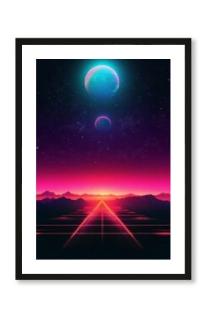 Retro-futuristic background with a neon grid and abstract sun. Features a purple galaxy design, reminiscent of 80s/90s computer games. Perfect for party posters and vintage interiors.