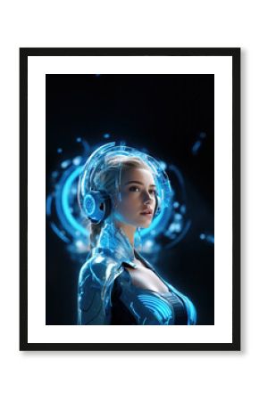Portrait of woman in high tech equipment on blue tint, Generative AI illustration
