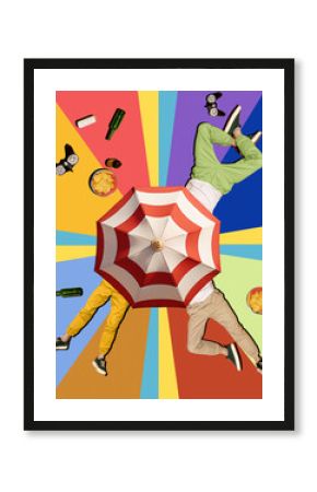 Leisure activities and fun. Male legs under umbrella on colorful background. Playing online video games, console. Creative collage. Creativity, abstract art, pop art concept. Copy space for ad, text