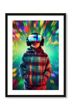Generative AI, child, boy or girl in virtual reality glasses on an abstract multi-colored fantastic background, technology, augmented reality, metaverse, neural network, VR, computer game, kid gamer