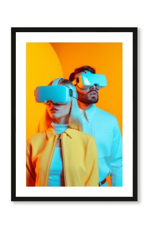 couple young woman s Using The Virtual Reality Headset. modern Portrait With Trendy Look And Bright Colors