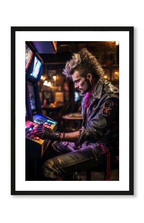 Futuristic image of techno punk man playing slot machine or arcade video game arcade