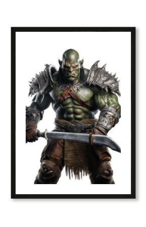 Menacing Fantasy Character with Green Armor and Sword, PNG Transparent Background
