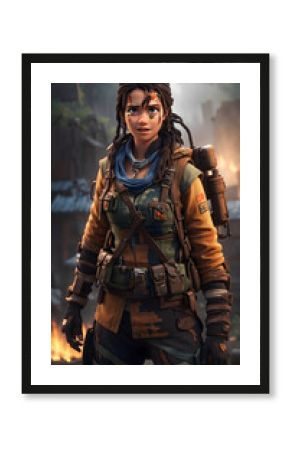 3D Animated Post-Apocalyptic Game Character with Gear.  Female game character in post-apocalyptic attire, equipped with survival gear.
