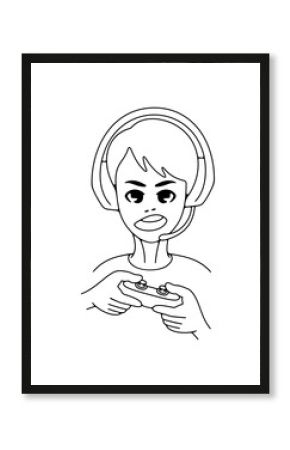 Boy, teenager plays video games. Playing, gaming, gamer, amusement, in headphones and with joystick or controller, illustration