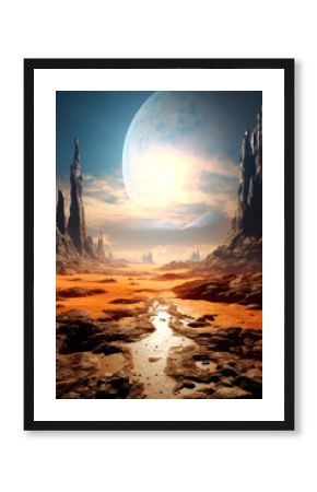 Fantastic landscape of an alien planet with rocks, ponds and other planets. Can be used for computer games, posters