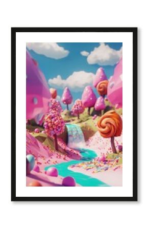 3D candy world with lollipop trees, chocolate rivers, marshmallow hills. Reminiscent of video games.