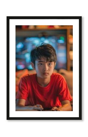 Portrait of an Asian boy in a red shirt playing video games indoors. Blurred background with home entertainment setup. Gaming and youth lifestyle theme for personal and editorial use