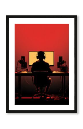 In a dimly lit room, a man is seated at a computer. The space includes a table, desk, and art. The setting hints at an entertainment event with shades of sunset in the background