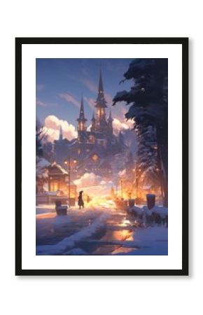 Anime-Style Enchanted Christmas Night in the Village: A Concept Art Landscape with Snowmen, Icicles, and Snow Houses, Ideal for Character Design and Video Game Digital Painting.