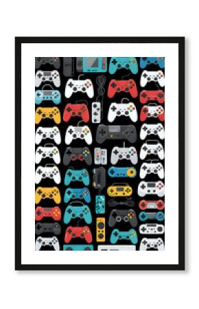 A colorful collection of retro video game controllers and consoles.