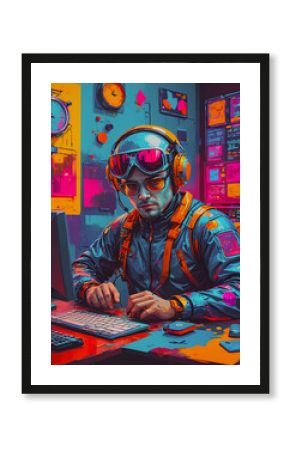 Portrait of a male aviator working in virtual space. Futuristic concept.