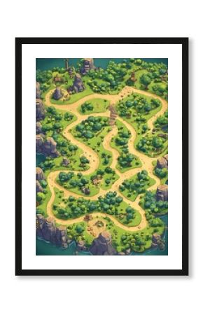 Cartoon Island Map with Winding Roads and Lush Greenery
