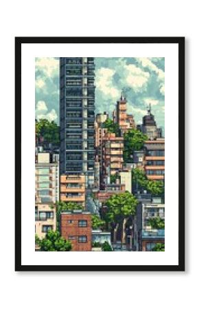 Pixel Art Cityscape with Tall Buildings and Blue Sky