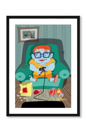 A little boy playing on a games console at home